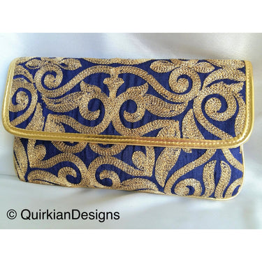 Blue Fabric Clutch Purse With Gold Intricate Embroidery, Wedding Clutch, Party Bag, Blue And Gold Clutch